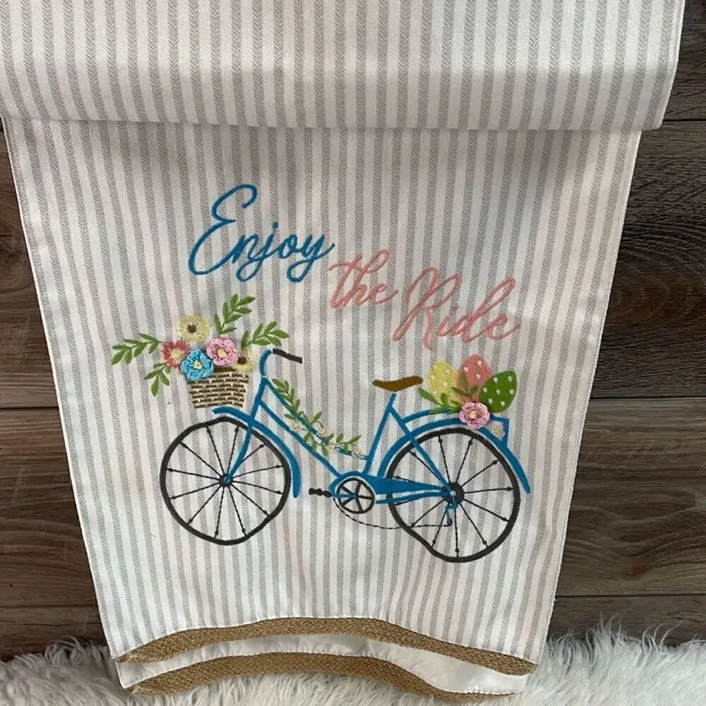 Embroidered Table Runner Blue Beach Bike Spring Basket Flowers Size 70” Length